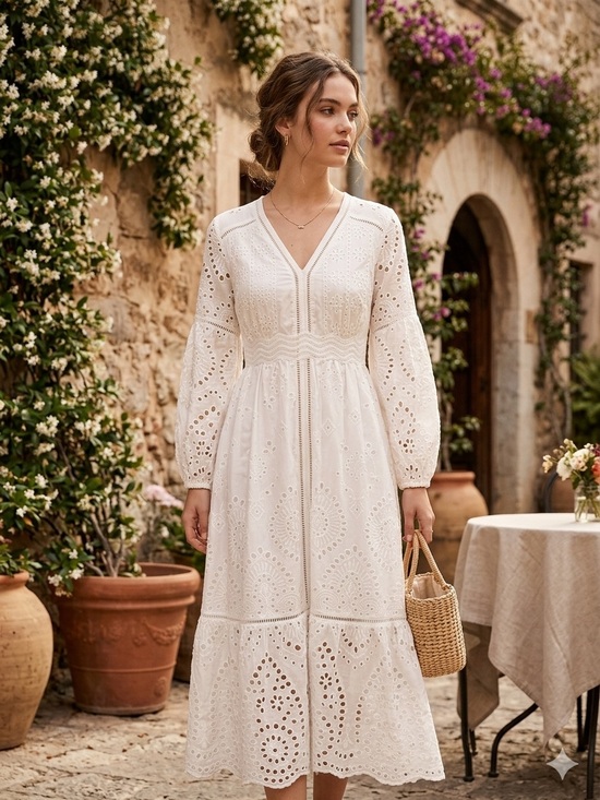 o.p.t Dresses & Skirts - O.P.T White Floral Eyelet Lace‎ Midi Dress Size Small NWT Cottage Long Sleeve